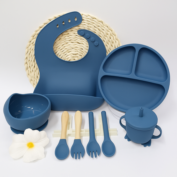 Silicone baby feeding set 8 pcs – bib, bowl, suction plate, sippy cup, spoon & fork set