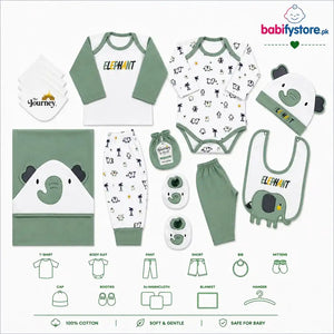 Green baby elephant 13-piece newborn starter set items and product details