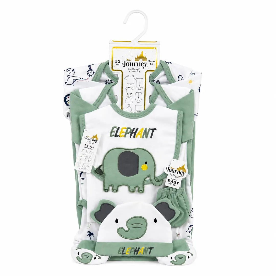 Green baby elephant design 13-piece newborn starter set with matching cotton essentials