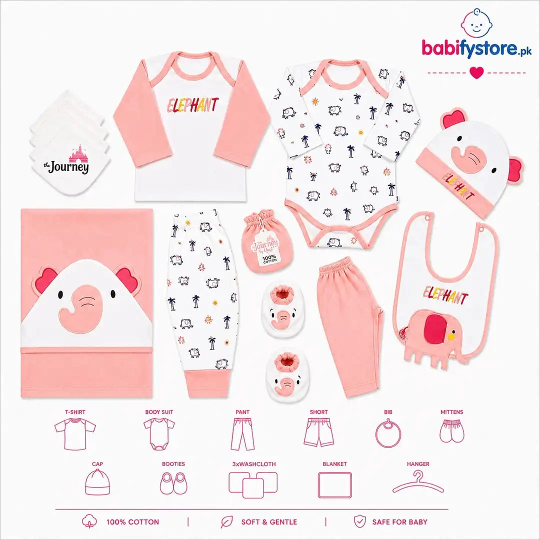 Pink baby elephant 13-piece newborn starter set items and product details