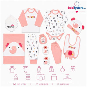 Pink baby elephant 13-piece newborn starter set items and product details