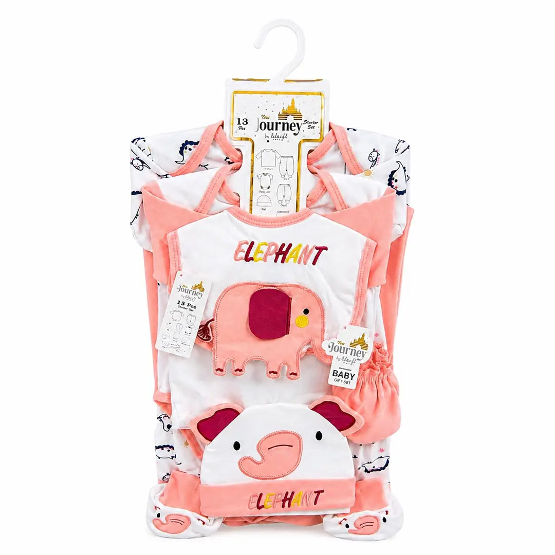 Pink baby elephant design 13-piece newborn cotton starter set with matching accessories