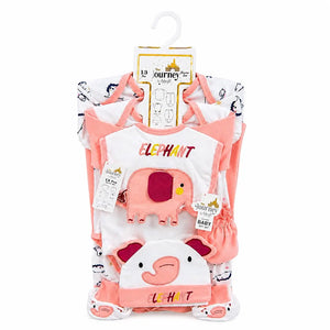 Pink baby elephant design 13-piece newborn cotton starter set with matching accessories