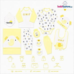 Yellow baby elephant 13-piece newborn starter set items and product details