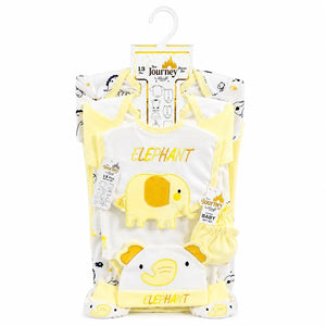 Yellow baby elephant design 13-piece newborn cotton starter set with clothing and accessories