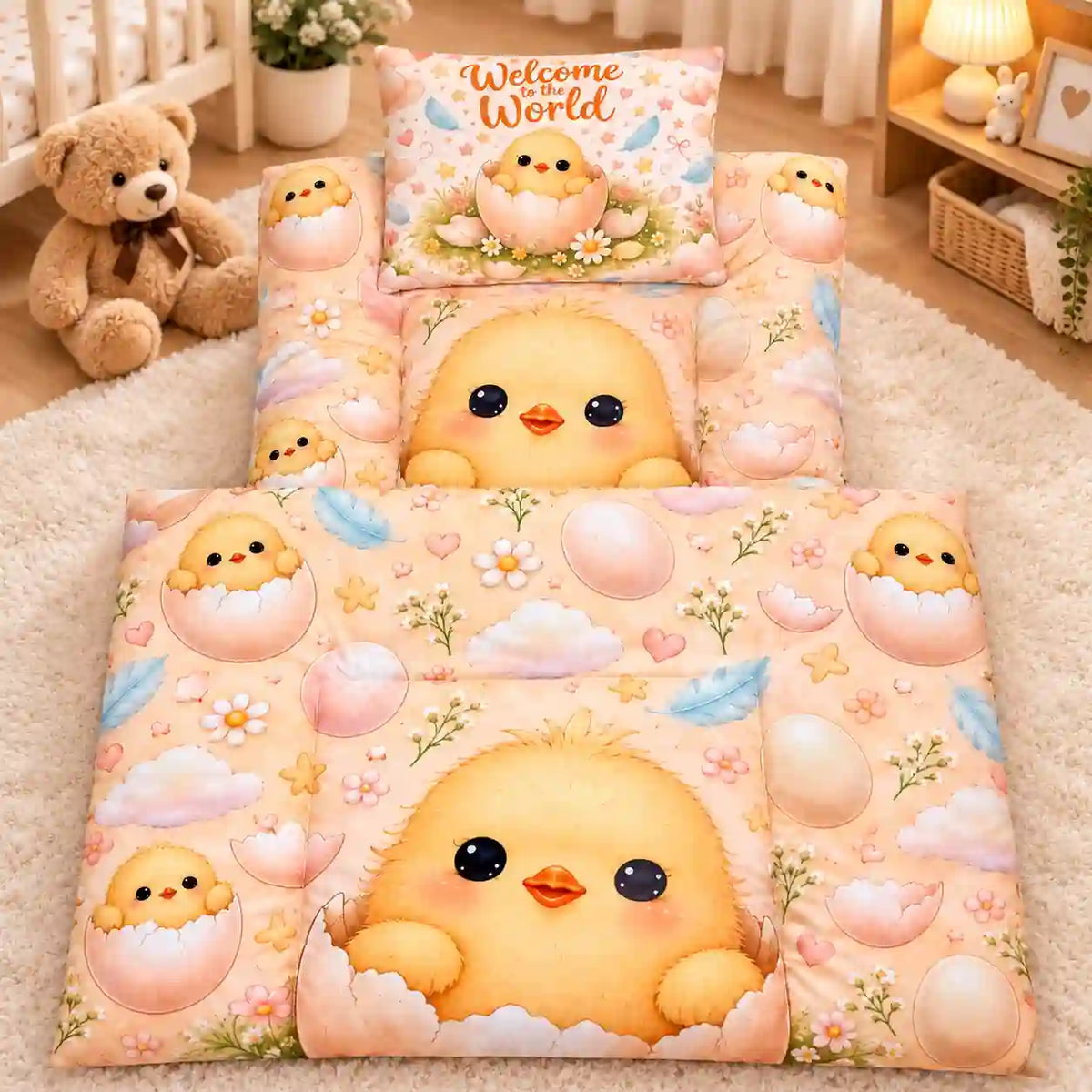 Cushioned Baby Mattress with Welcome to the World Chick and Eggshell Print