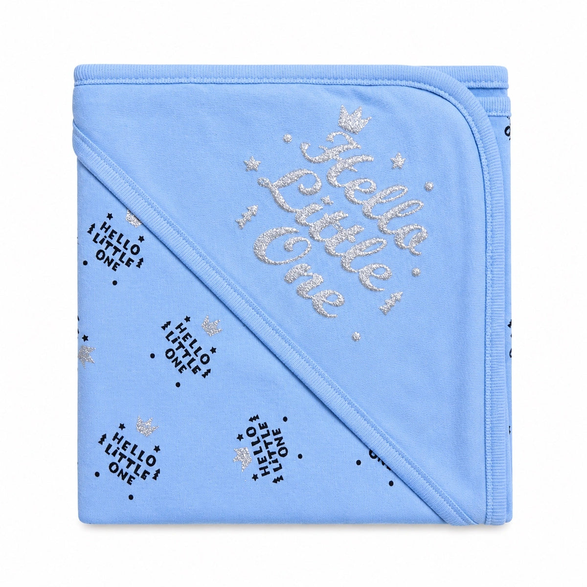 Blue baby wrapping sheet with Hello Little One crown print