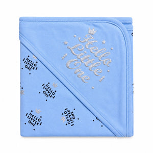 Blue baby wrapping sheet with Hello Little One crown print
