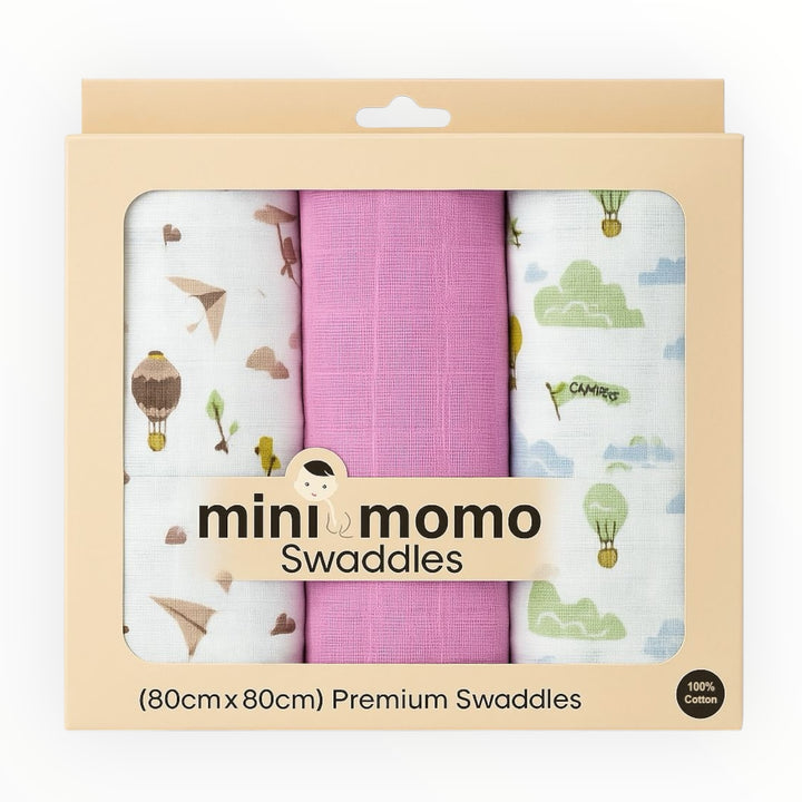 Pack of 3 soft 100% cotton muslin baby wrapping sheets in pastel colors