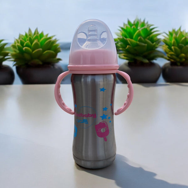 180ml stainless steel insulated baby feeder with wide diameter, double handle, and automatic flow.