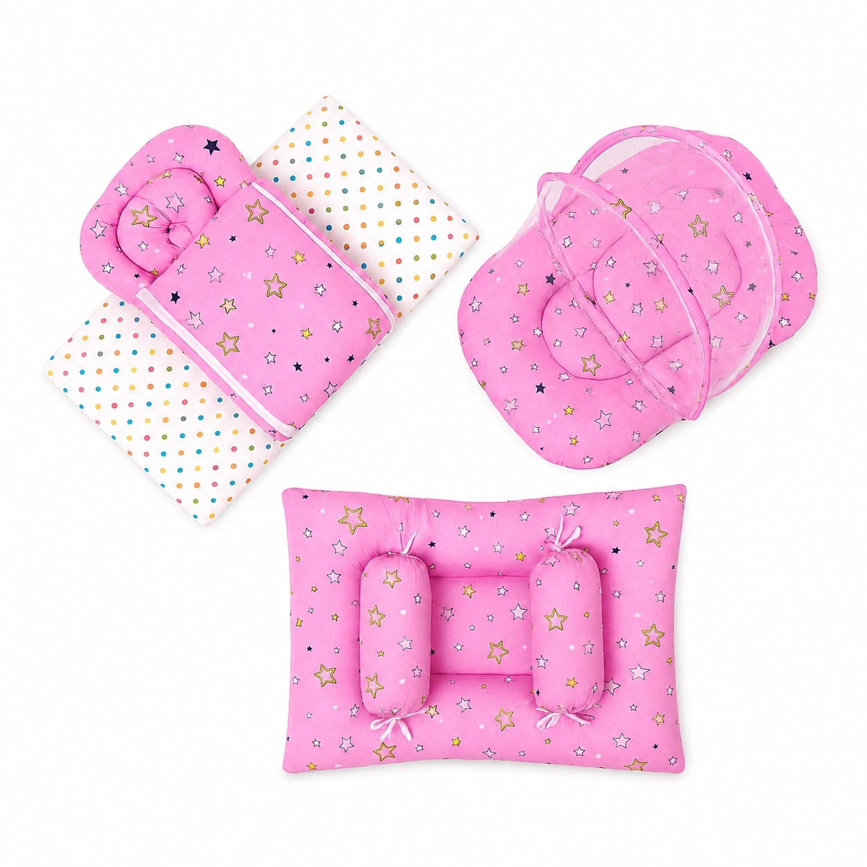 8-Piece Baby Bedding Set With Mosquito Net & Blanket – Star Print (Pink)