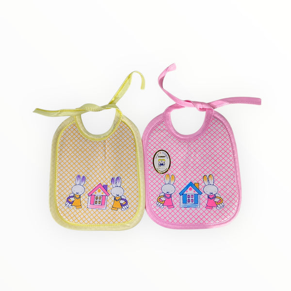 Pack of 2 baby foam bibs with cotton fabric front and waterproof plastic backing, sized 7x5 inches. Suitable for 0+ months.