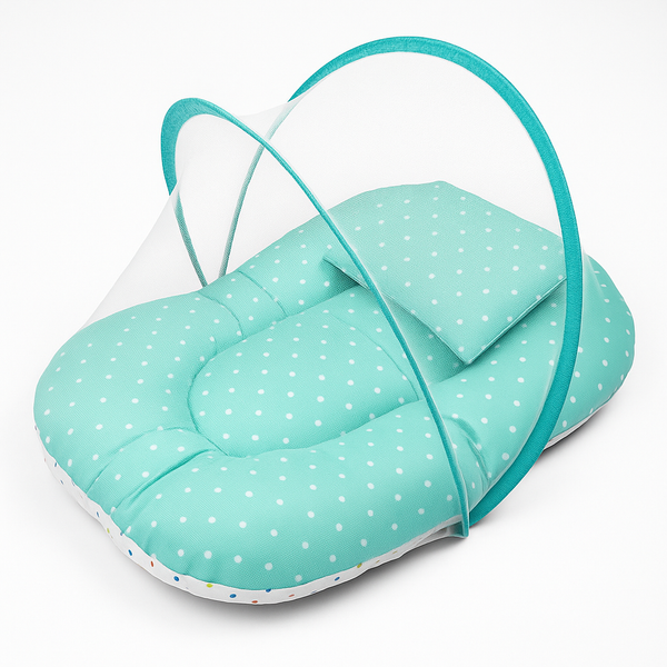 Sea green polka dot baby carry nest with breathable mosquito net – cozy and portable newborn bed by Babify Store.