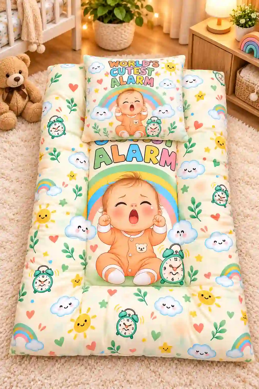 Cushioned Baby Mattress with World’s Cutest Alarm Rainbow and Cloud Print