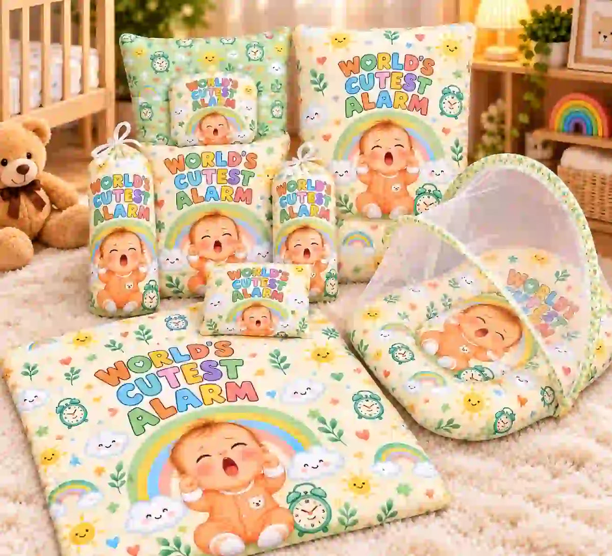 8-Piece Baby Bedding Set with Mosquito Net and Carry Nest World’s Cutest Alarm Print in Pakistan