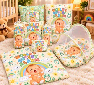 8-Piece Baby Bedding Set with Mosquito Net and Carry Nest World’s Cutest Alarm Print in Pakistan