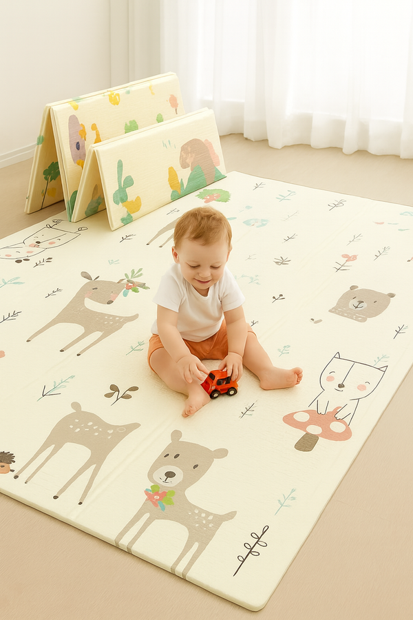Soft and waterproof 6-layer baby play mat for 0 months+, foldable and reversible with colorful patterns, ideal for tummy time and crawling – buy online in Pakistan at BabifyStore.pk