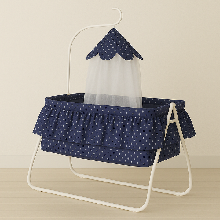 Baby sleeping cradle with canopy net available in pink, grey, and navy blue