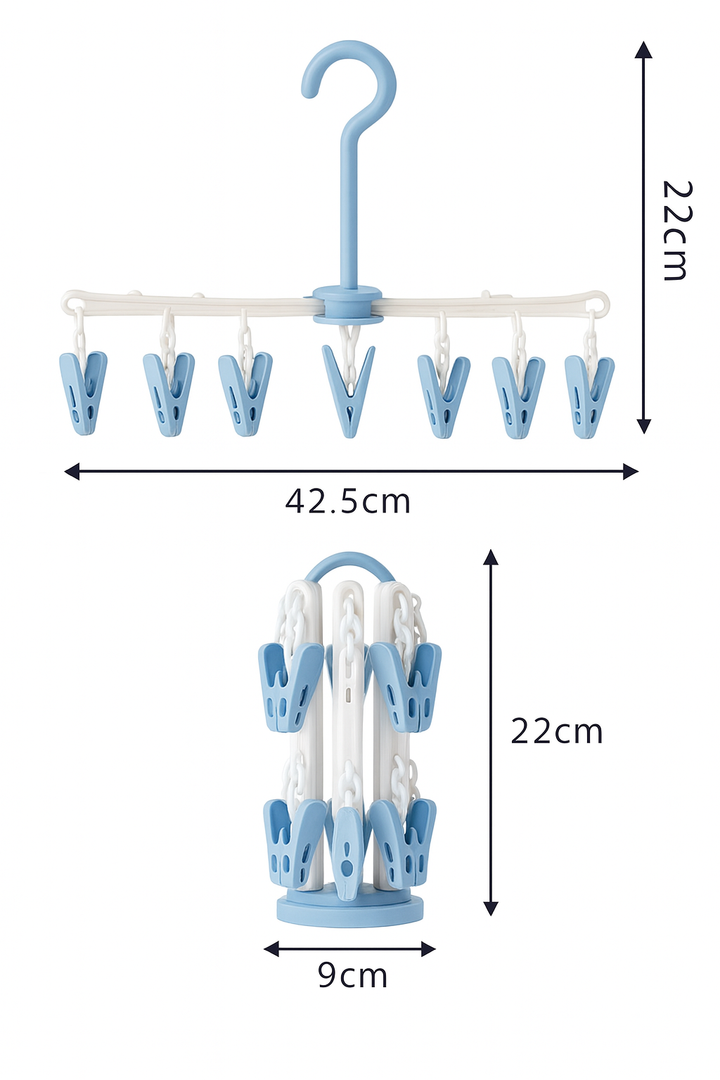 Blue baby foldable clothes dryer hanger with 20 clips and rotating hook