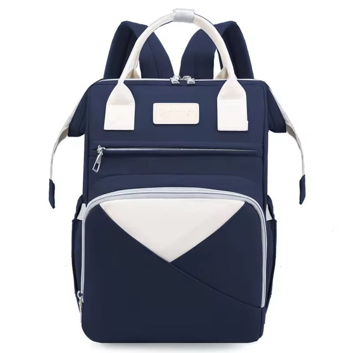 Multi-functional backpack with white accents and boxy shape