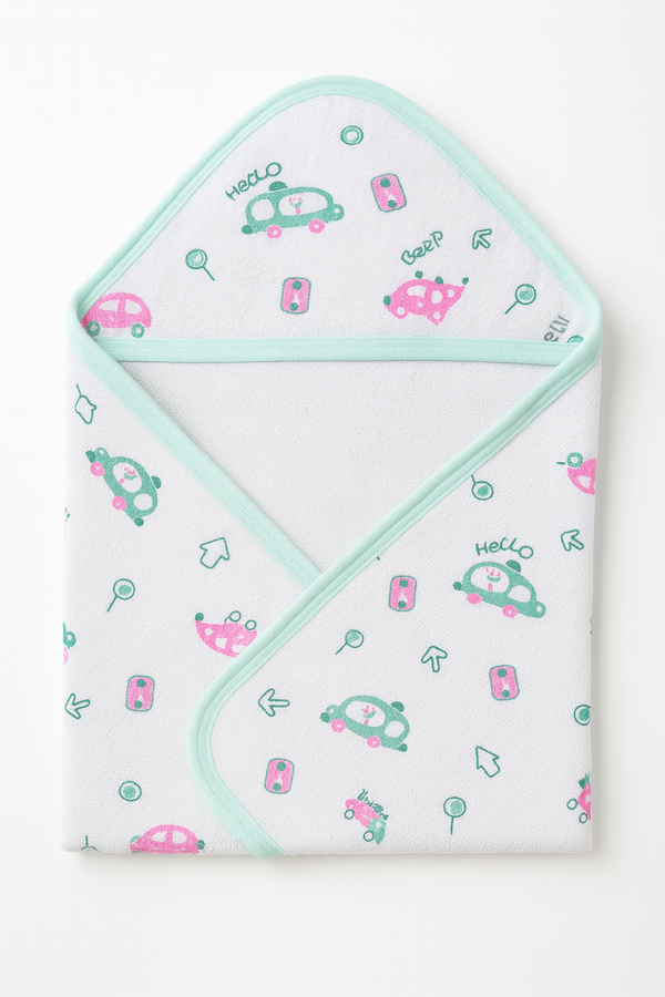 Winter baby hooded wrapping sheet with cute car print – 30x29 inches