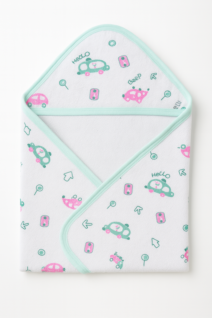 Winter baby hooded wrapping sheet with cute car print – 30x29 inches