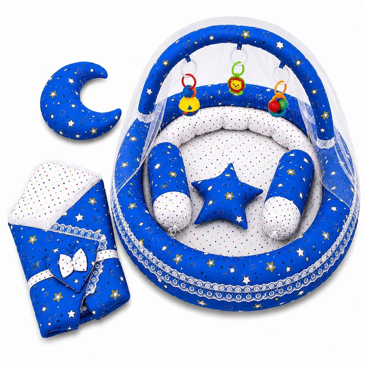 Dark Blue Star Baby Snuggle Nest Bed Set with Mosquito Net and Carry Wrap in Pakistan