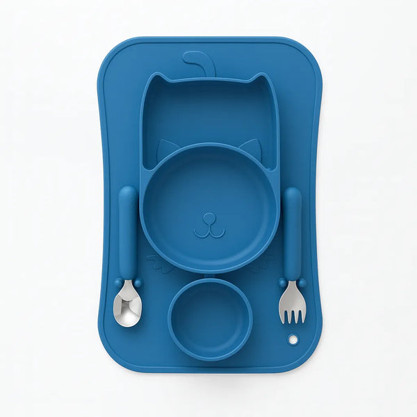 Blue Silicone Baby Feeding Set Cat Design