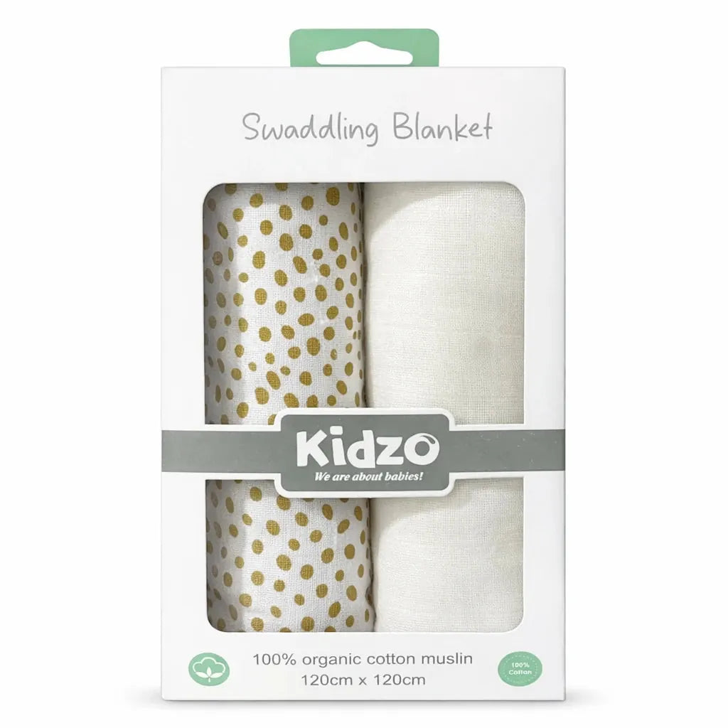 Pack of 2 Mustard Polka Dot Organic Cotton Muslin Baby Wrapping Sheets 120 x 120 cm for Newborn Swaddling and Wrapping