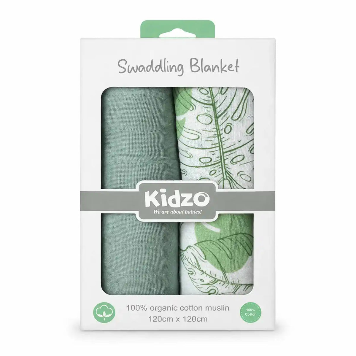 Pack of 2 Green Organic Cotton Muslin Baby Wrapping Sheets 120 x 120 cm for Newborn Swaddling and Wrapping