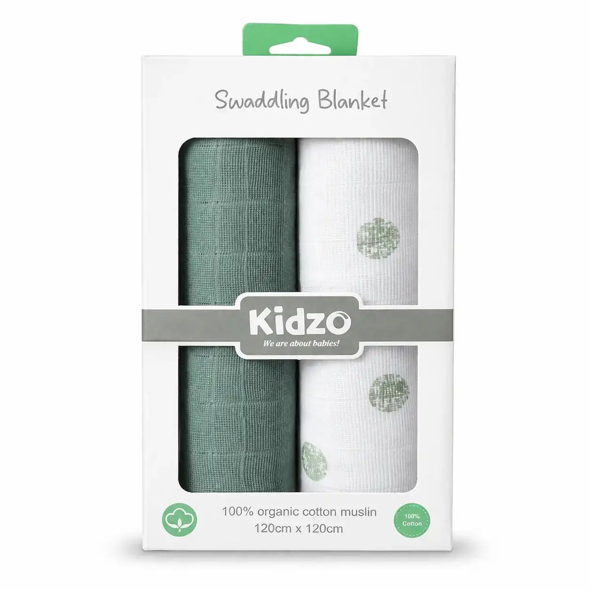 Pack of 2 Dark Green Organic Cotton Muslin Baby Wrapping Sheets 120 x 120 cm for Newborn Swaddling and Wrapping