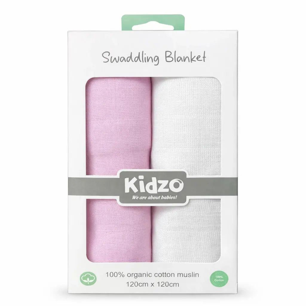 Pack of 2 Pink and White Organic Cotton Muslin Baby Wrapping Sheets 120 x 120 cm for Newborn Swaddling and Wrapping