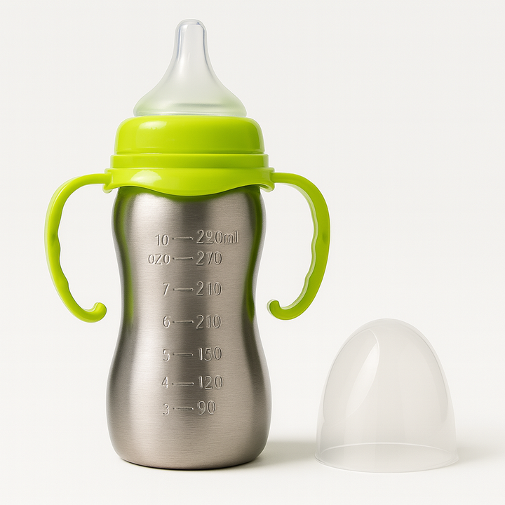 Stainless Steel Baby Feeding Bottle with Green Handles – 290ml