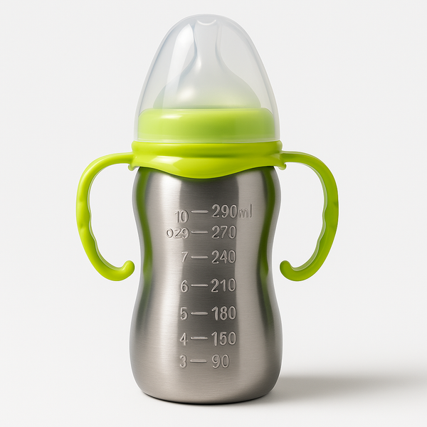 Stainless Steel Baby Feeding Bottle with Green Handles – 290ml