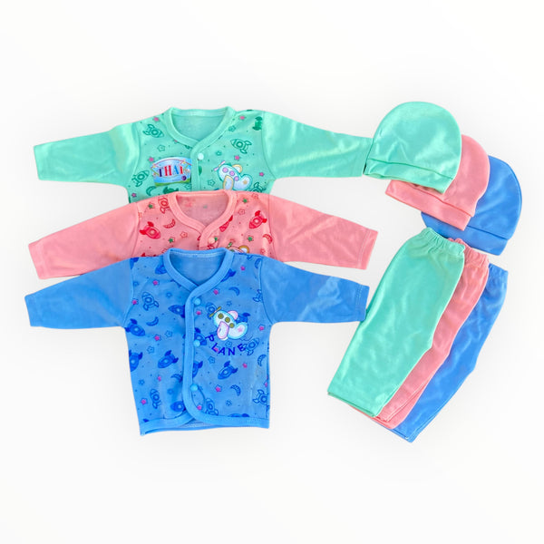 9-piece baby cotton clothing set including caps, full-sleeve shirts, and cozy pajamas for newborns.
