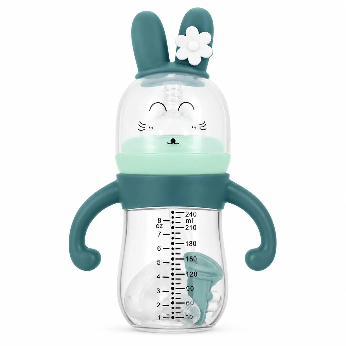 Dark teal 240ml baby feeding bottle with handles and bunny protective cap