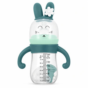 Dark teal 240ml baby feeding bottle with handles and bunny protective cap