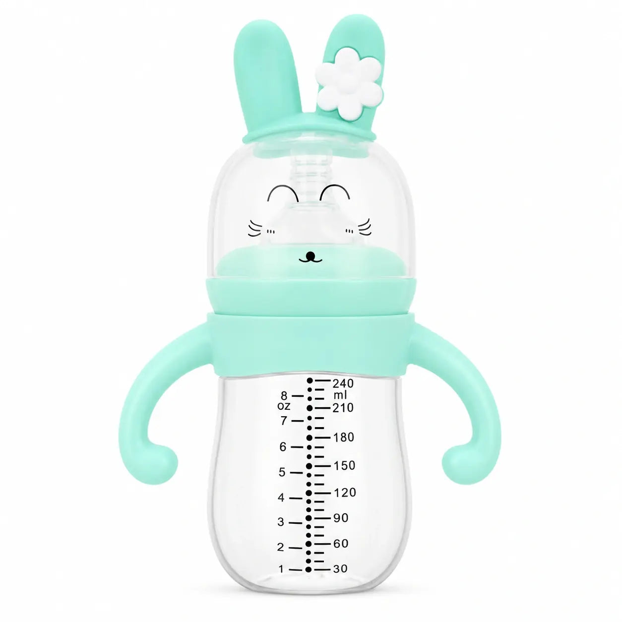 Mint green bunny baby feeding bottle with dual handles and measurement markings