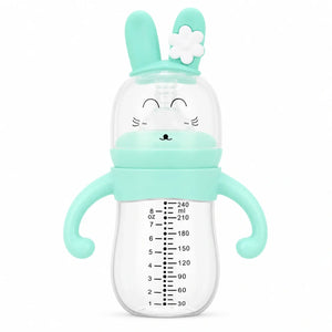 Mint green bunny baby feeding bottle with dual handles and measurement markings