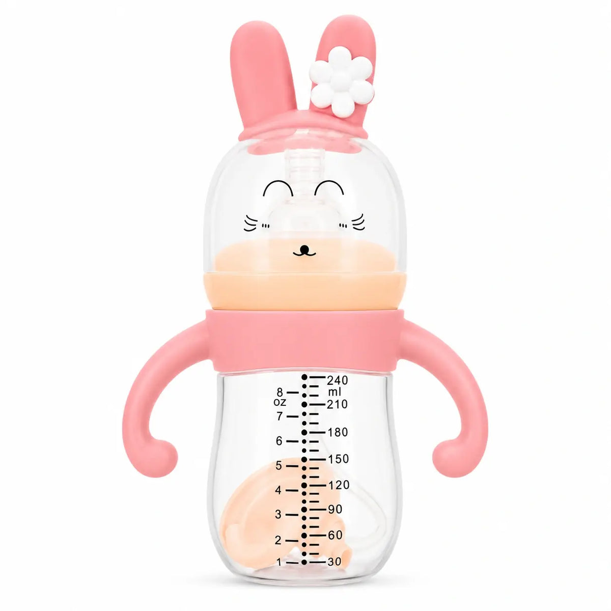 Pink 240ml bunny baby feeding bottle with dual handles and silicone nipple