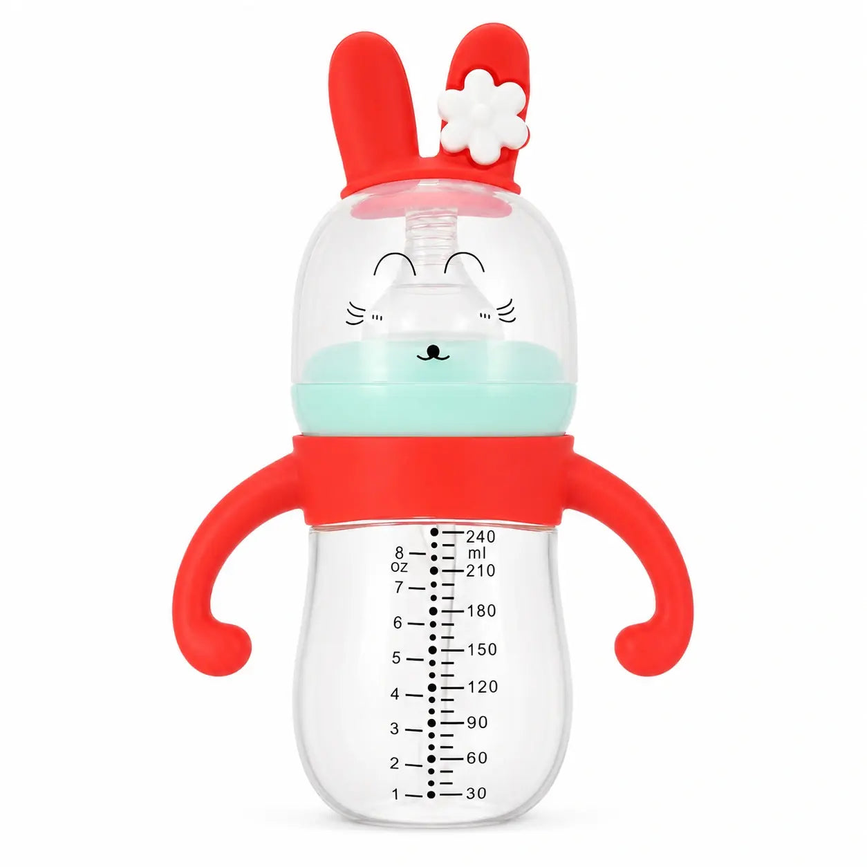 Red 240ml baby feeding bottle with easy-grip handles and bunny flower design