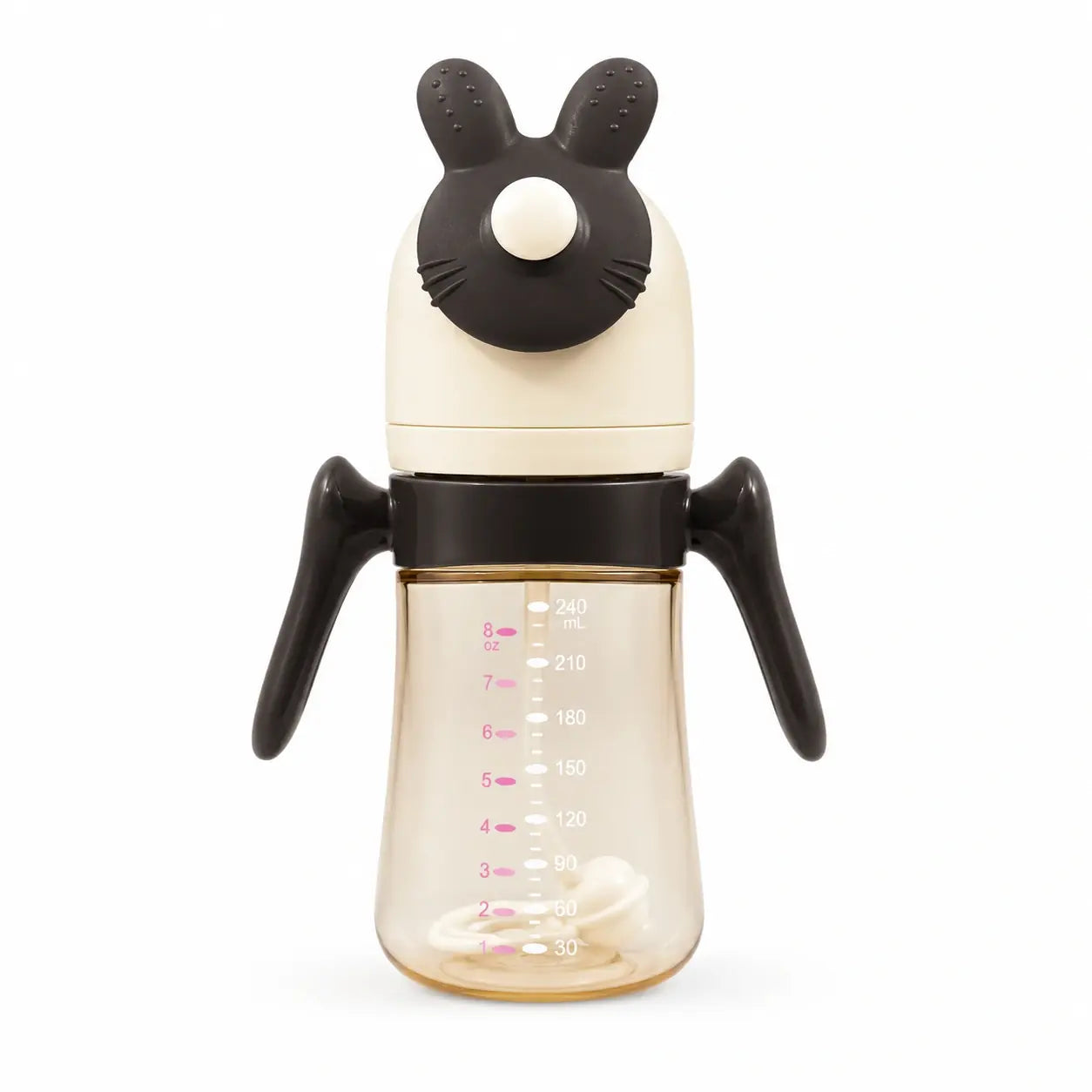 Black and cream baby straw bottle with dual handles and measurement markings