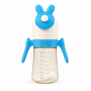 Blue 240ml baby straw feeding bottle with easy-grip handles and bunny lid