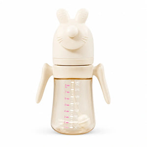 Beige 240ml baby straw feeding bottle with handles and bunny flip-top lid