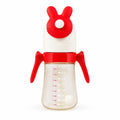 Red 240ml baby straw bottle with leakproof bunny lid and silicone straw
