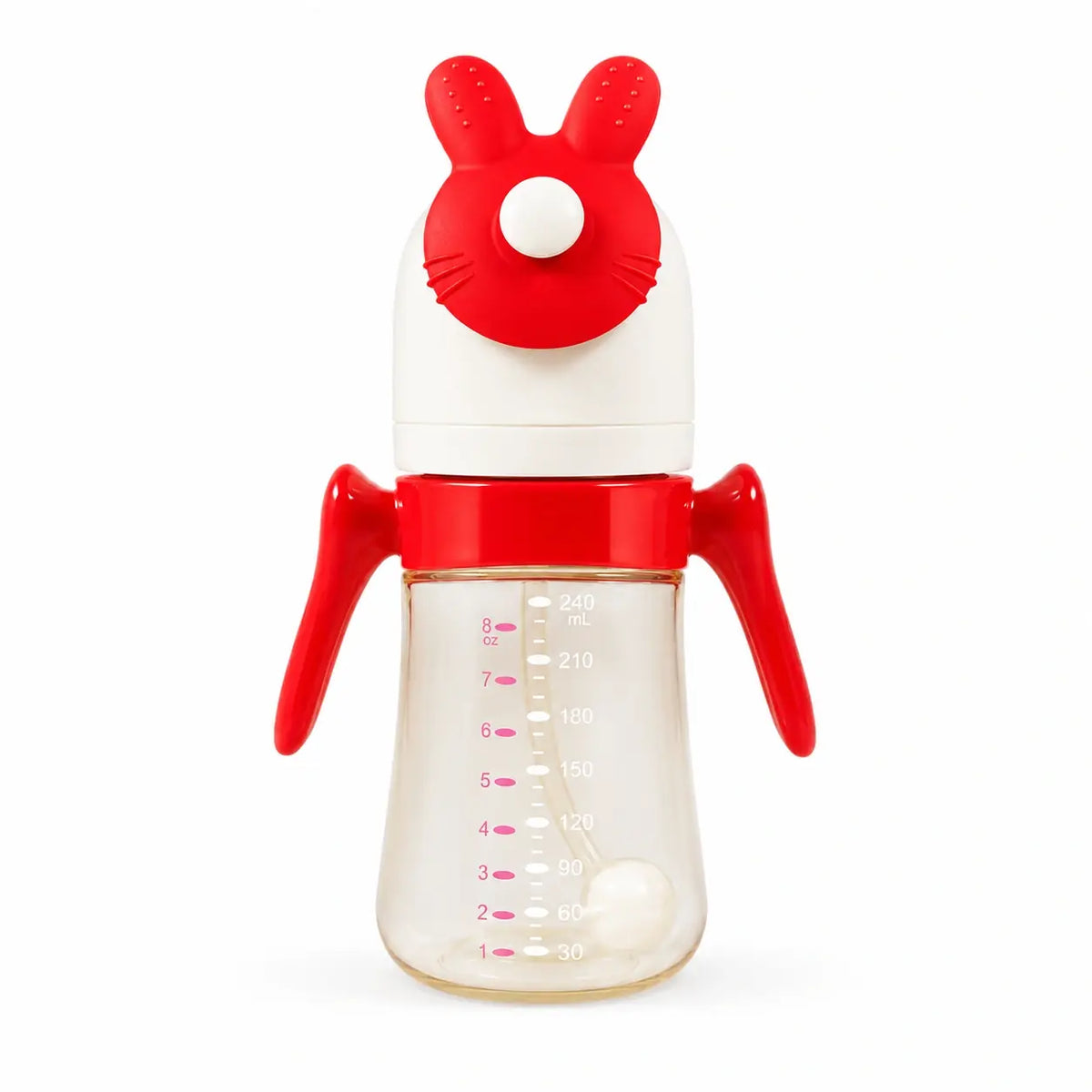 Red 240ml baby straw bottle with leakproof bunny lid and silicone straw