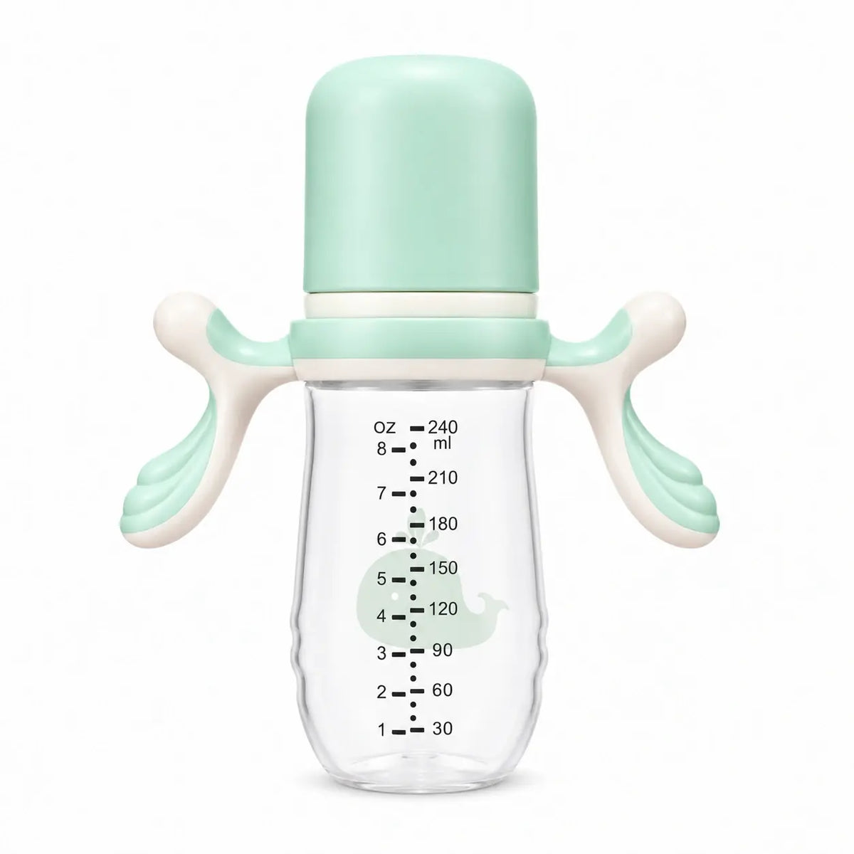 Mint green baby feeding bottle with handles, whale print and measurement scale