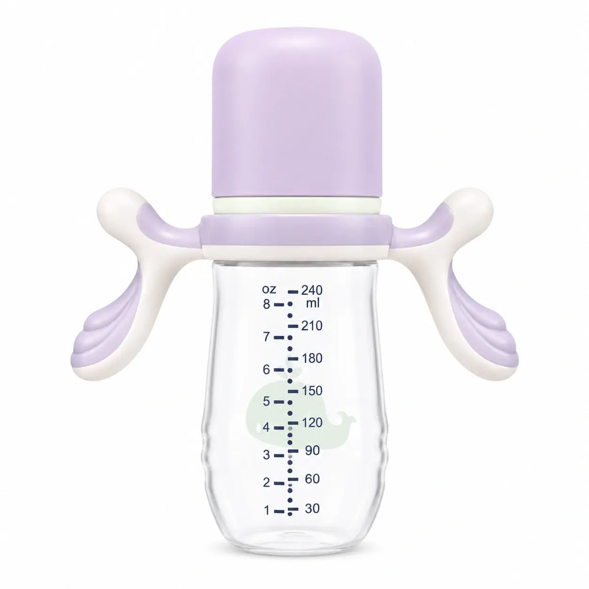 Lavender 240ml baby feeding bottle with ergonomic handles and whale print