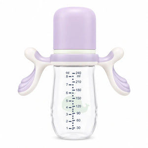 Lavender 240ml baby feeding bottle with ergonomic handles and whale print