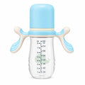 Blue 240ml baby feeding bottle with easy-grip handles and hygienic cap